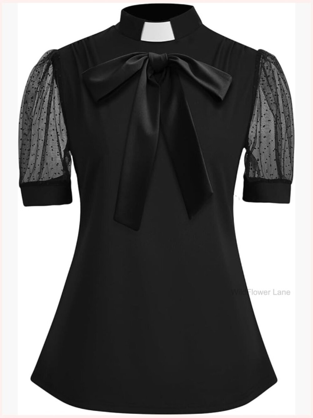 Clergy Shirt Tab Insert Collar Short Sheer Sleeve Bowknot Blouse